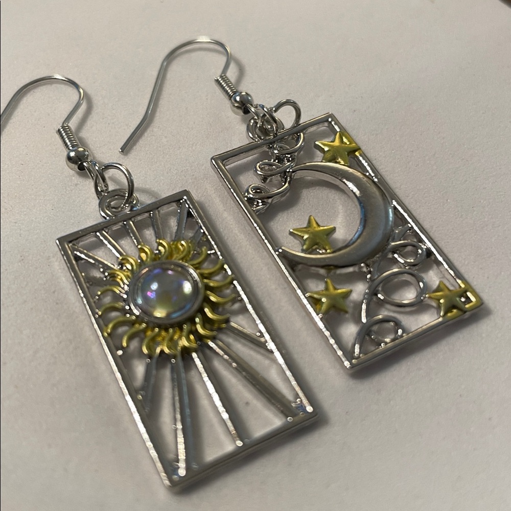 Silver and Gold Sun and Moon Earrings - Picture 9 of 12